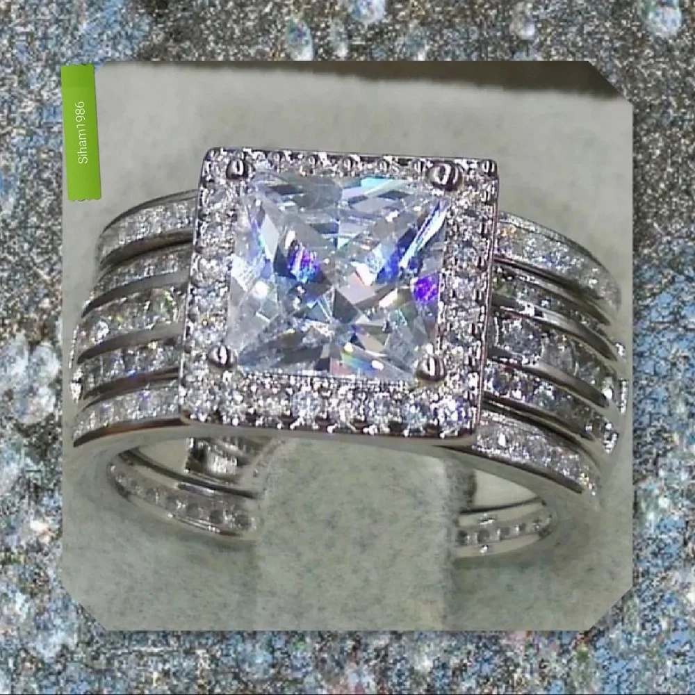 Brilliant White CZ Square Halo Ring in Silver-Tone